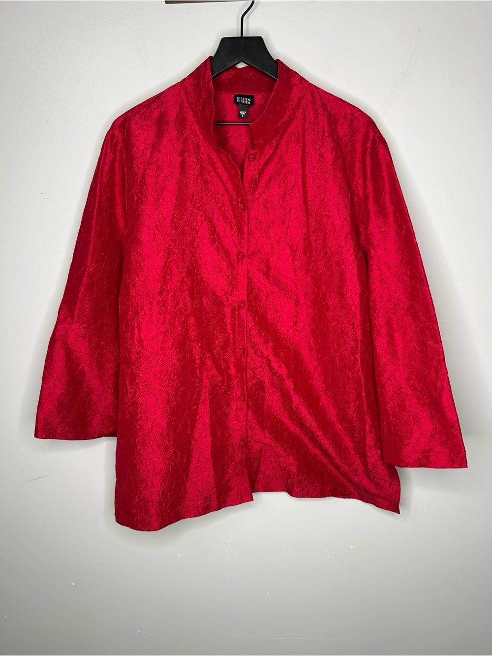 Eileen Fisher Red Crinkle Silk Button Front Top Size L